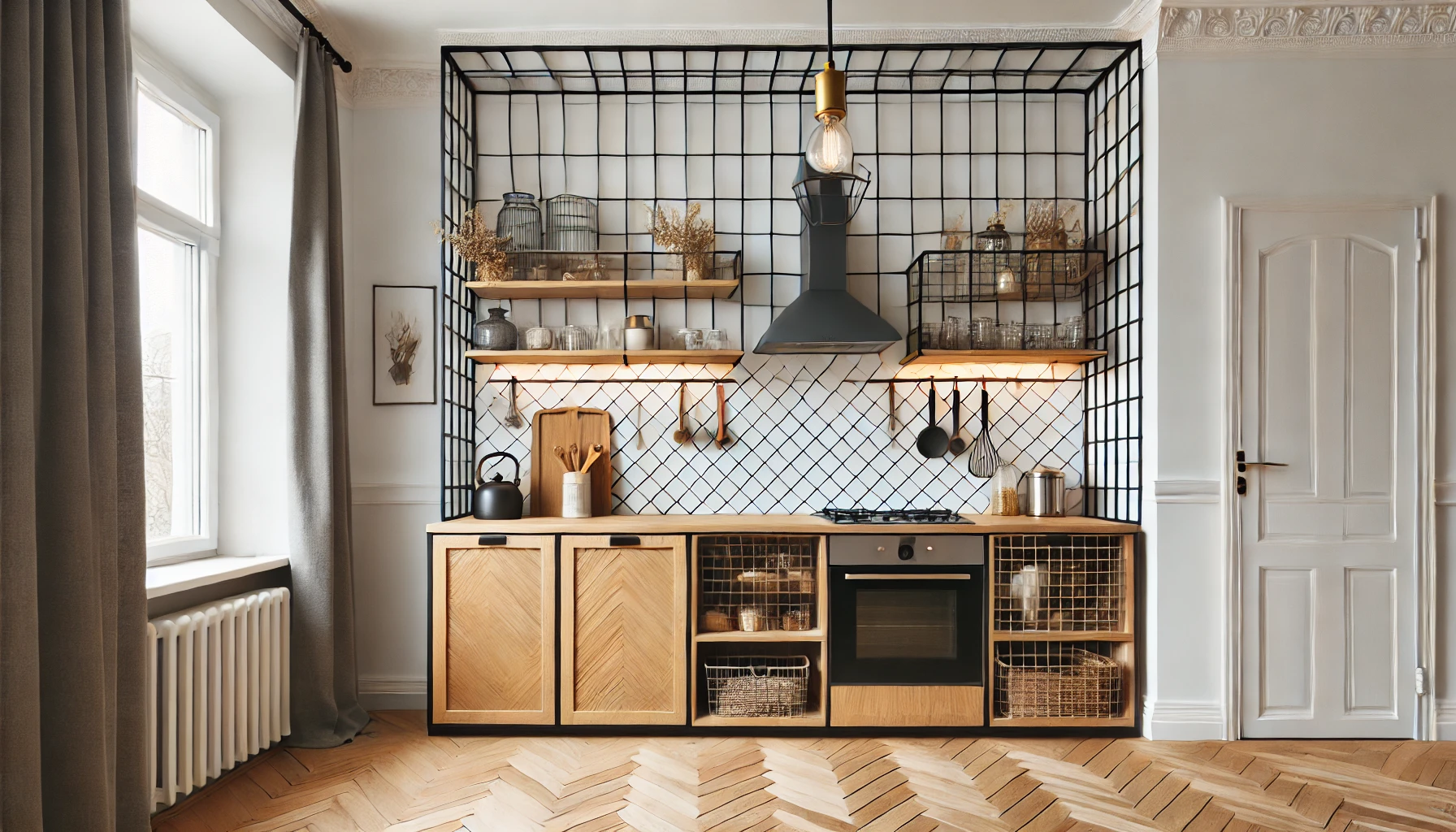 Europaneele und Metallgitter: außergewöhnliche Raumtrenner für Studioküchen