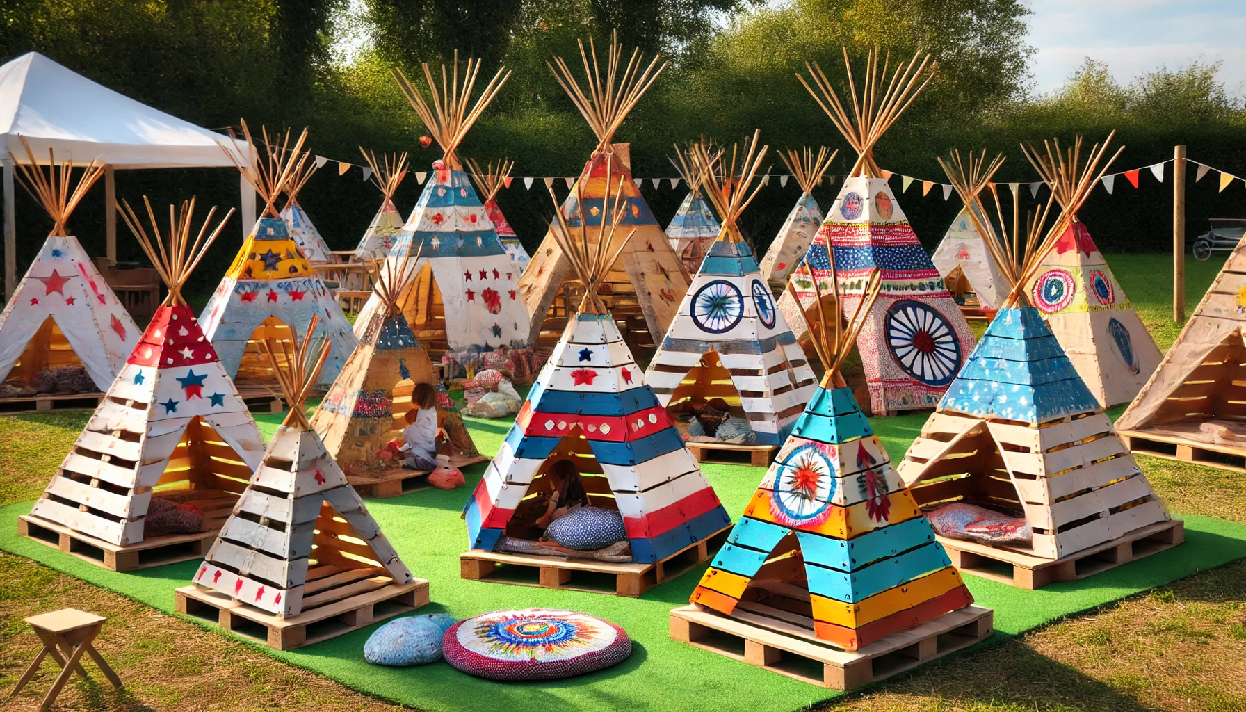 Palettenbretter für die Erstellung von Spiel-Lagerplätzen im Stil von Indianer-Tipis