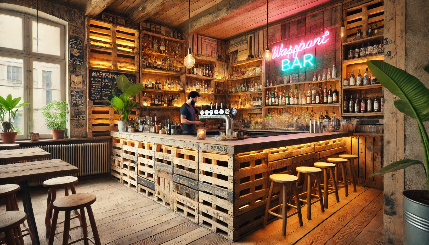 Palettenbretter im Bar-Interieur: originelle Verkleidung von Theken und Wänden