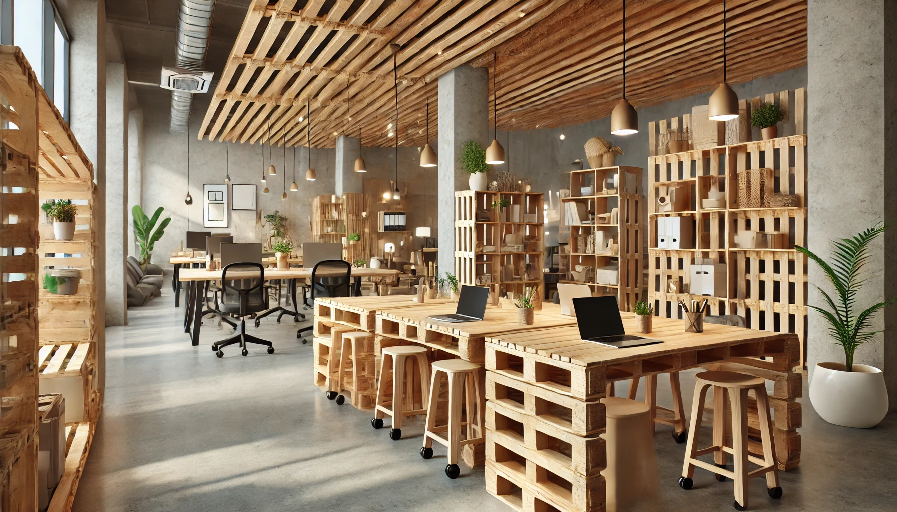 Palettenbretter in Coworking-Komponenten: Möbel für Kreativität und Meetings