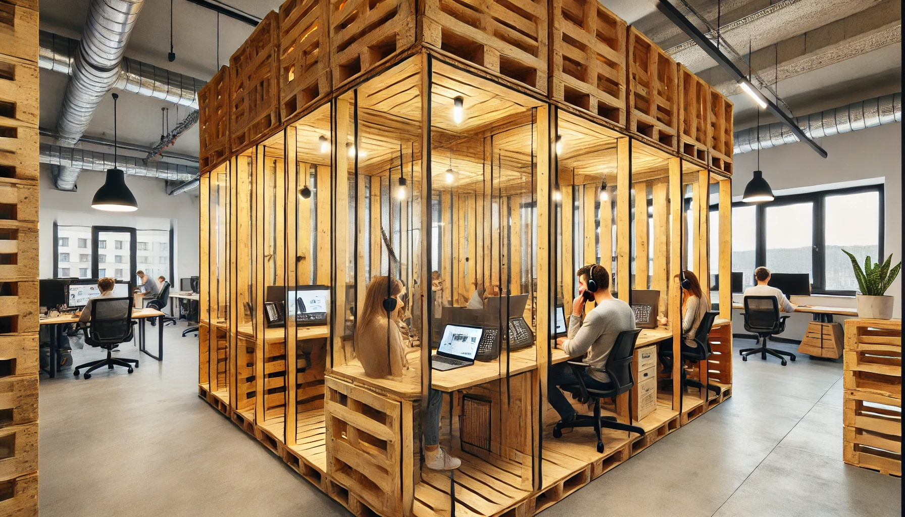 Palettenbretter in Open-Space-Büros: schnelle Kabinen für konzentriertes Arbeiten
